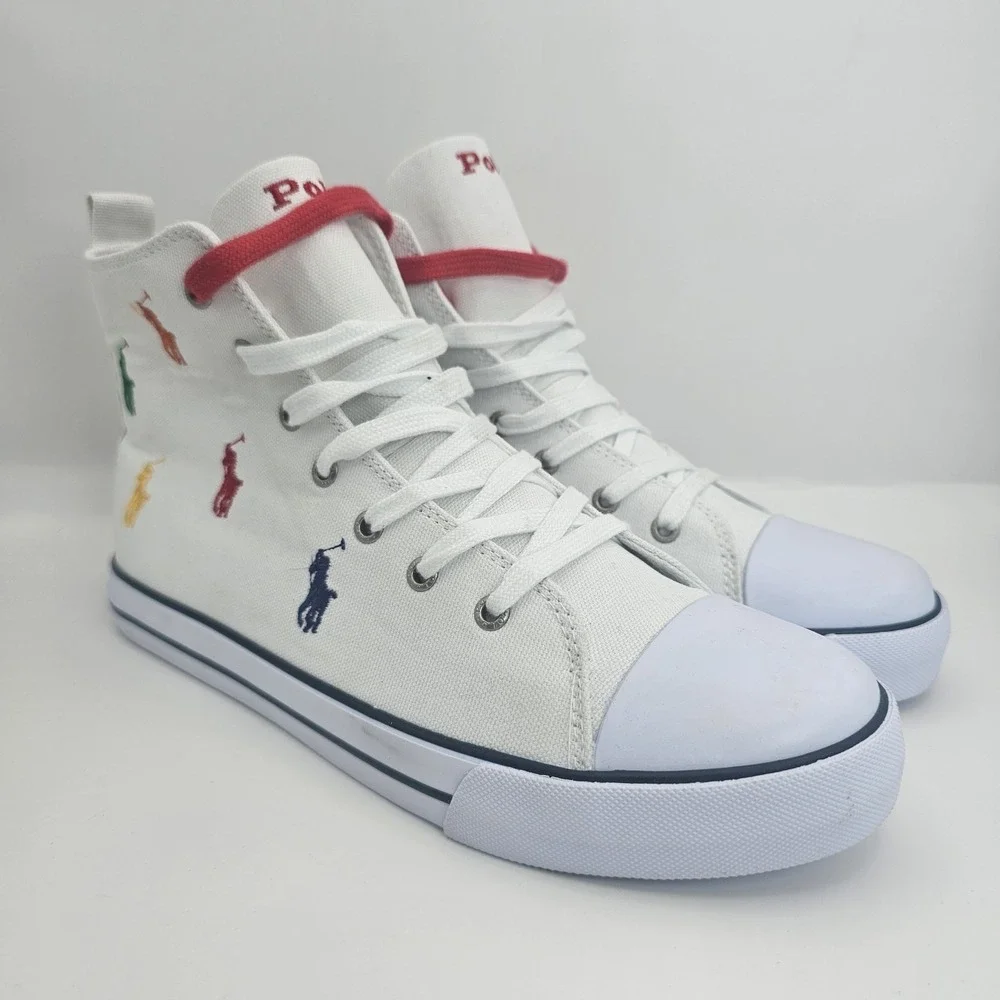 Polo Ralph Lauren Boys Sz 6.5 Hamptyn II White Multicolor Canvas HighTop Sneaker